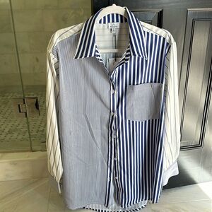 Blue and white stripe shorts, shirt, and bra set